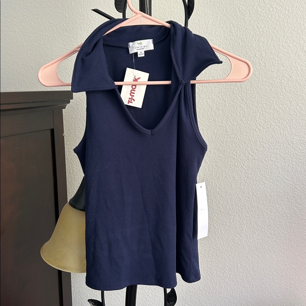 Navy Sleeveless Collared Top
